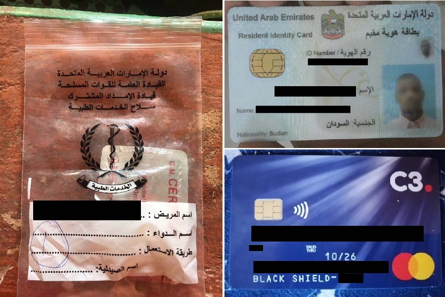 (الصورة على اليسار): كيس طبي بلاستيكي لسلاح الخدمات الطبية للقوات المسلحة الإماراتية يحتوي على دواء لموظف سوداني في بلاك شيلد للخدمات الأمنية. (أعلى اليمين): أحد تصاريح الإقامة الصادرة من الإمارات للعمال الوافدين السودانيين. (أسفل اليمين): بطاقة صراف آلي صادرة عن الشركة باسم أحد الموظفين السودانيين.