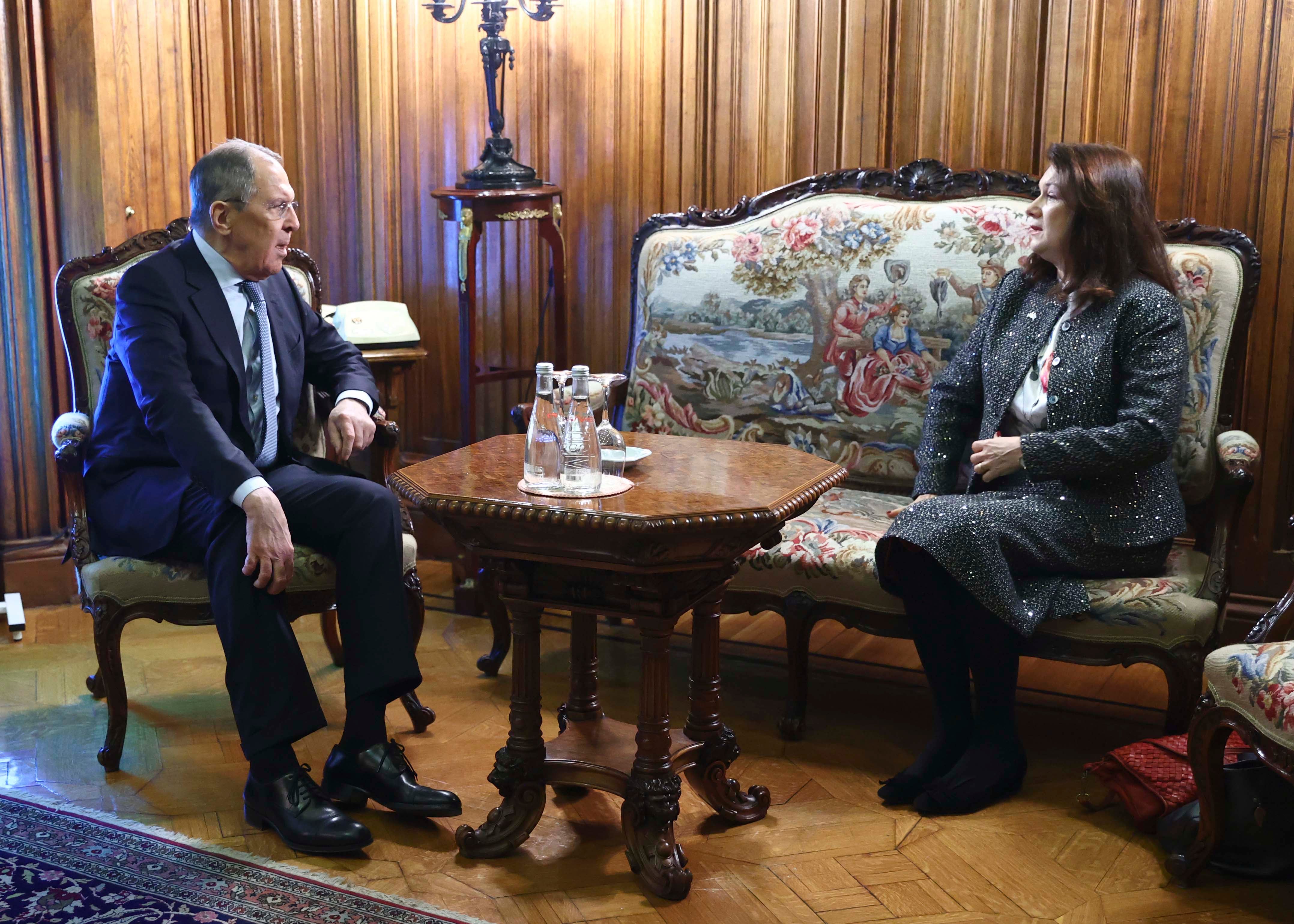 Russian Foreign Minister Sergey Lavrov, left, meets with Swedish Foreign Minister Ann Linde in Moscow, February 2, 2021.