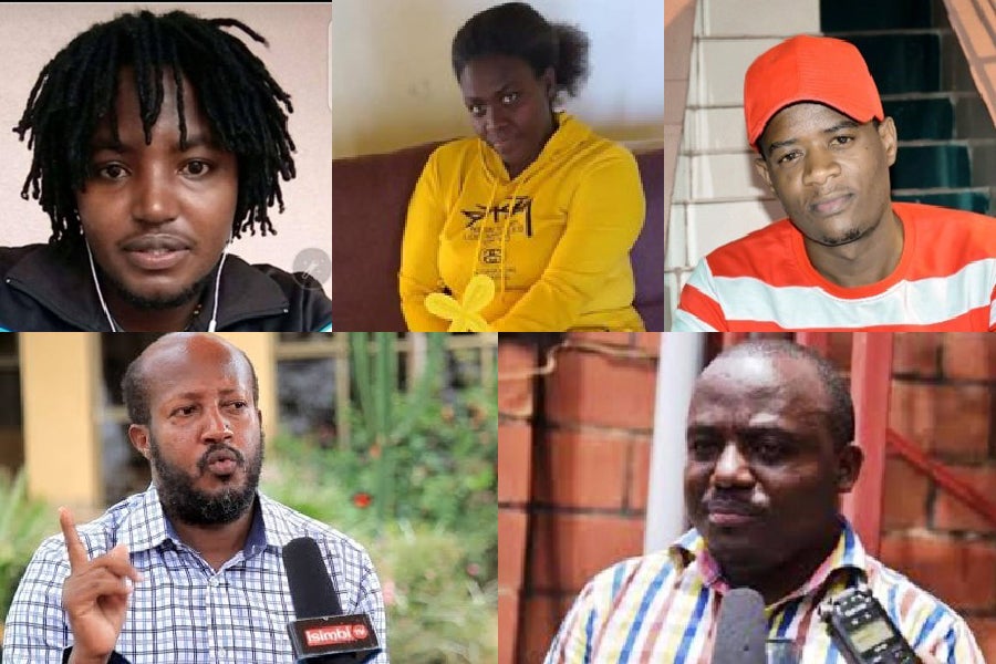From top left to right: Innocent Bahati, Yvonne Idamange, Dieudonné Niyonsenga (alias Cyuma Hassan), Aimable Karasira, and Theoneste Nsengimana.