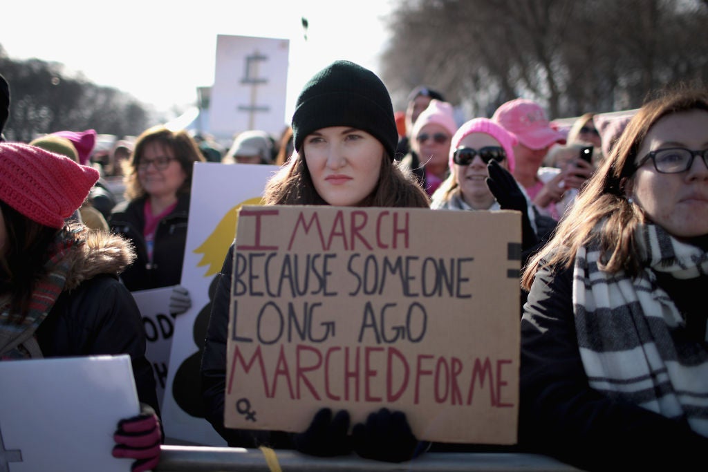  People rally downtown for the Second Annual Women's March on January 20, 2018 in Chicago, Illinois.