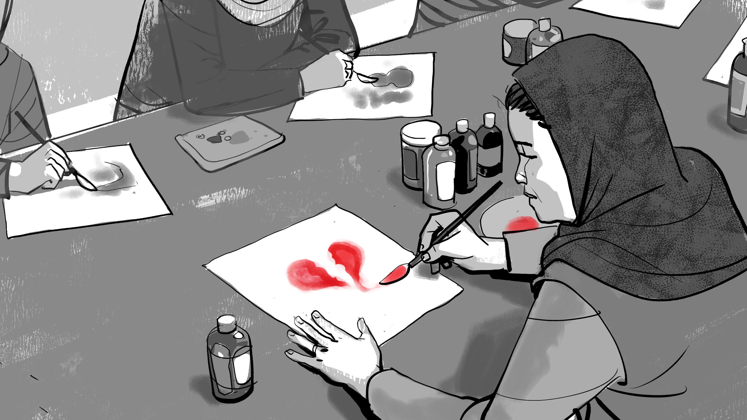 Illustration montrant des Afghanes en train de dessiner