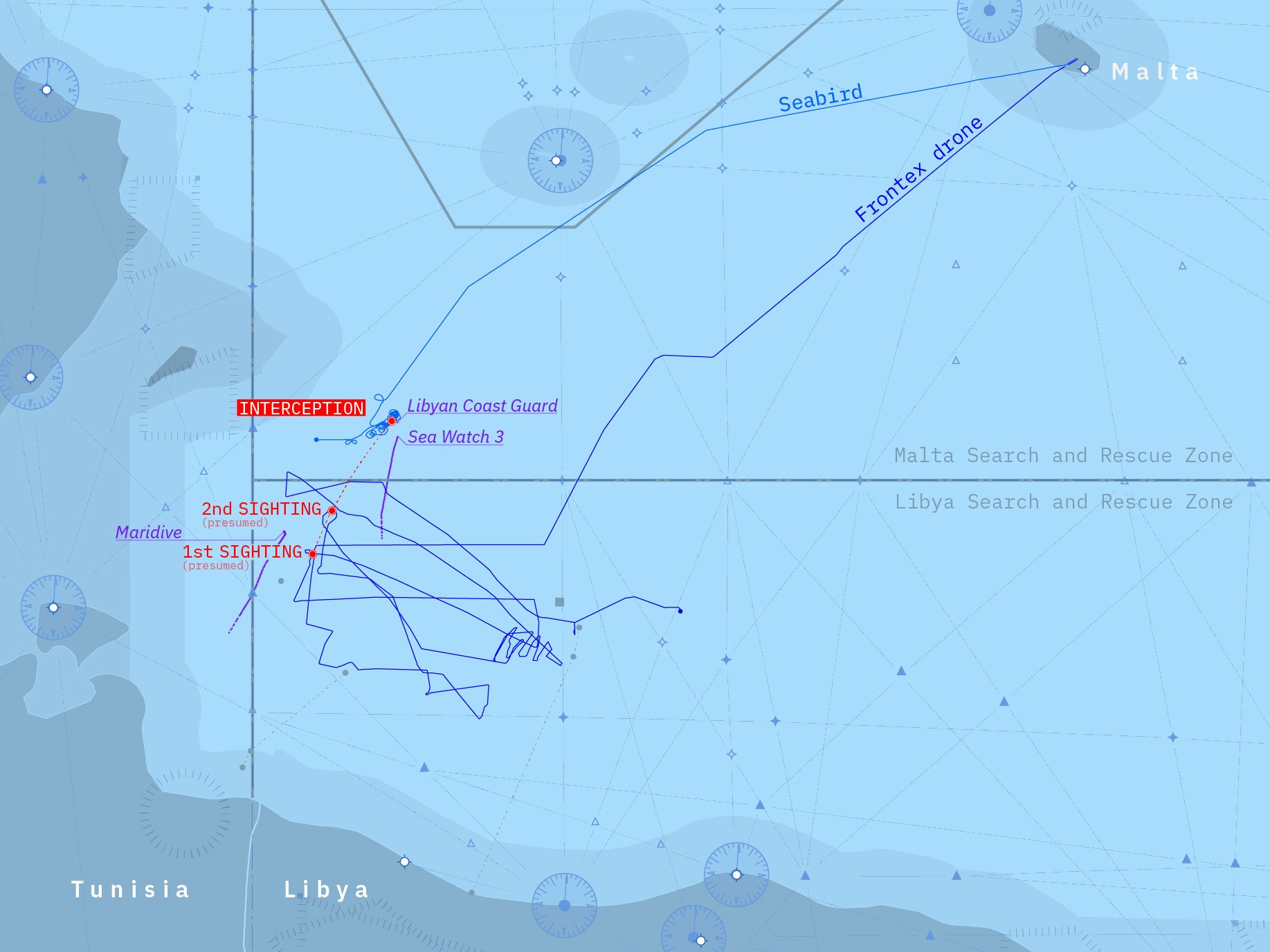 Map showing routes of boats in the Mediterranean Sea