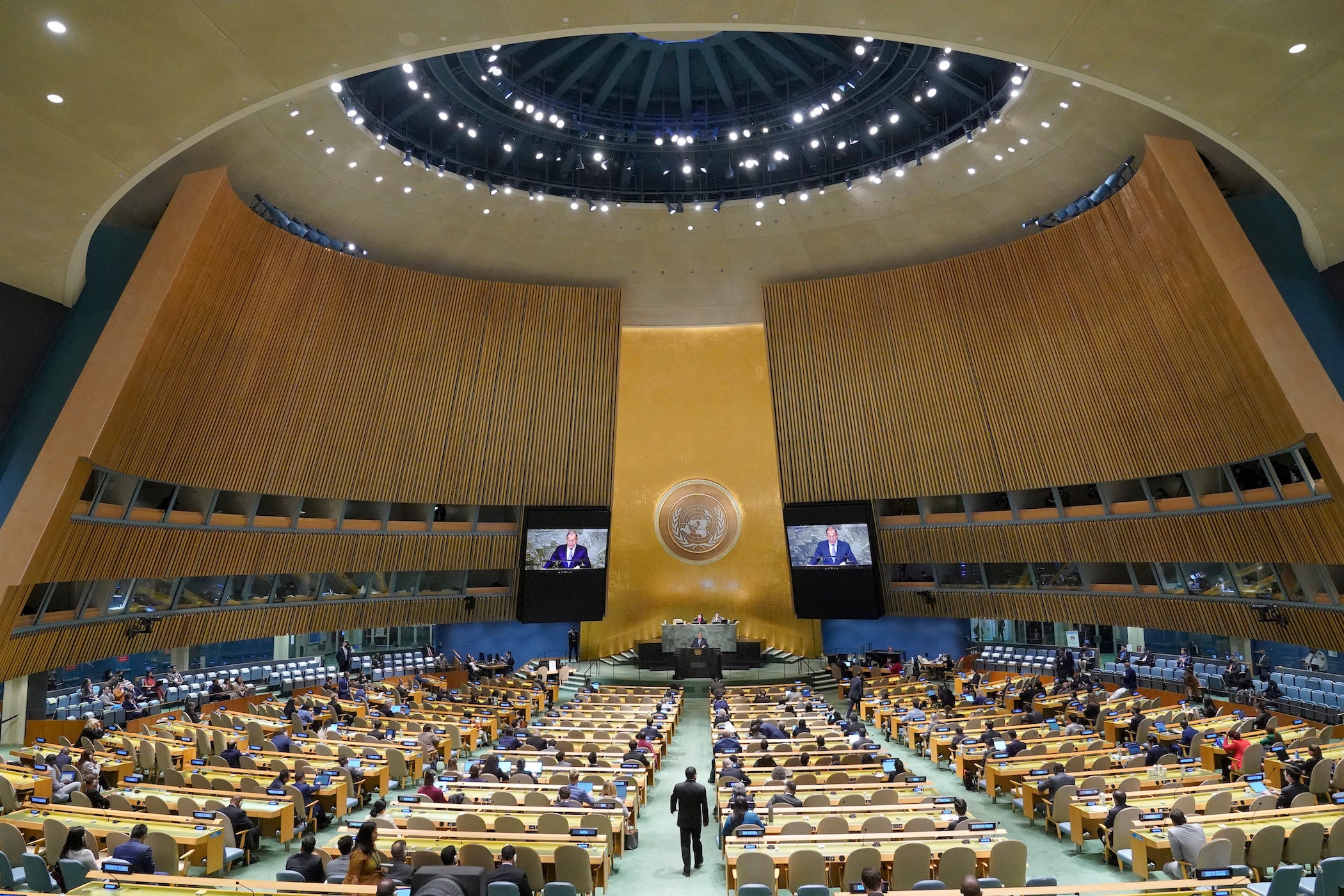Foreign Minister of Russia Sergey Lavrov addresses the United Nations General Assembly.