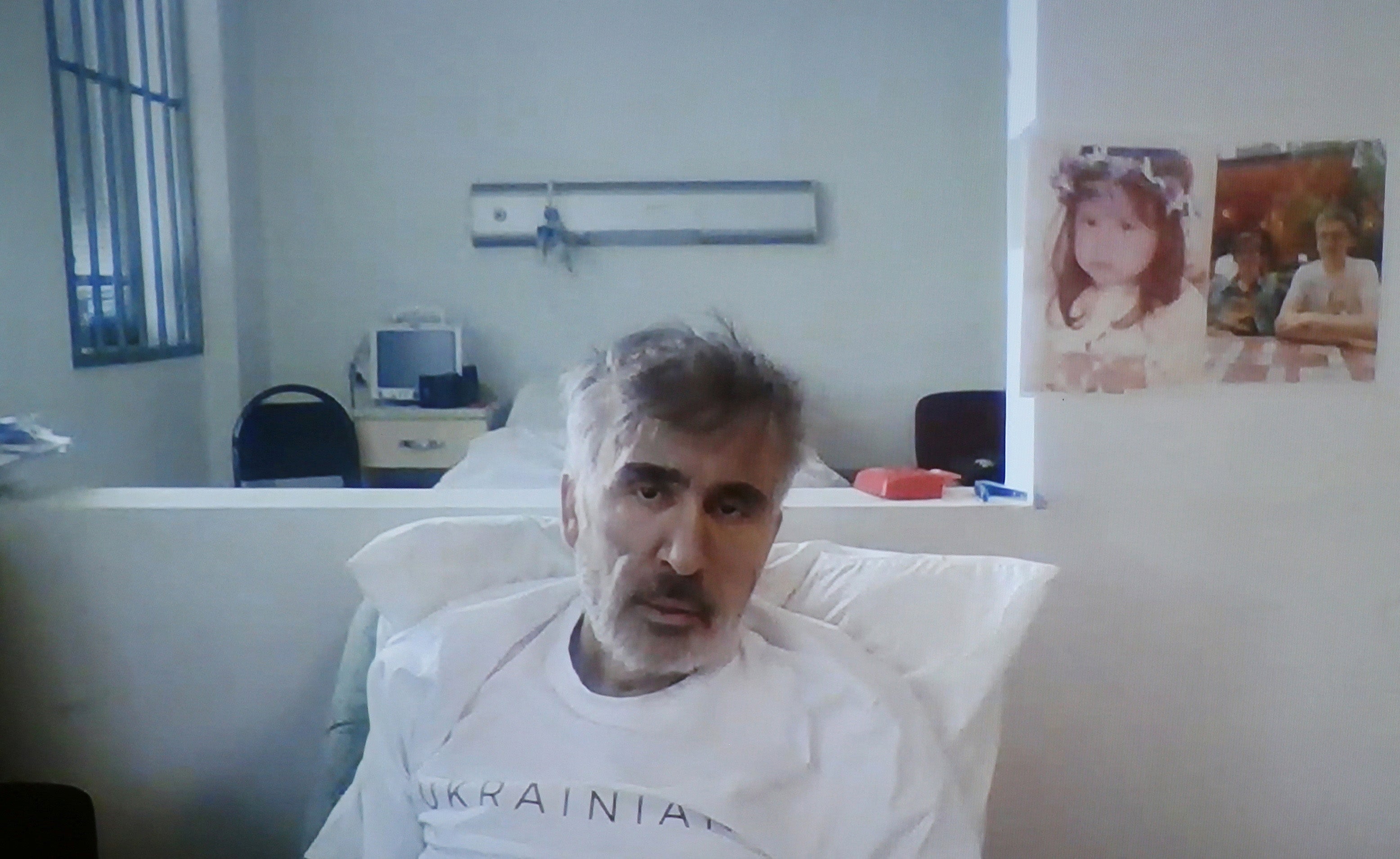 Georgia's jailed ex-President Mikheil Saakashvili seen via video link from a clinic during a court hearing to consider his request to defer his six-year sentence for health reasons, in Tbilisi, February 1, 2023. 