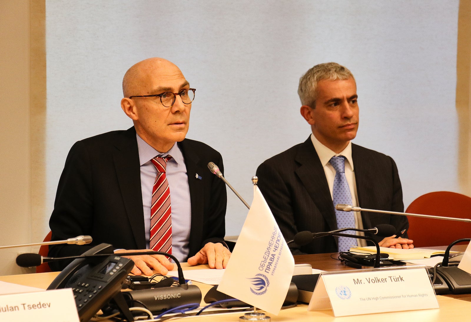 The United Nations High Commissioner for Human Rights, Volker Turk (L) holds a press conference at the UN Office in Astana, Kazakhstan.