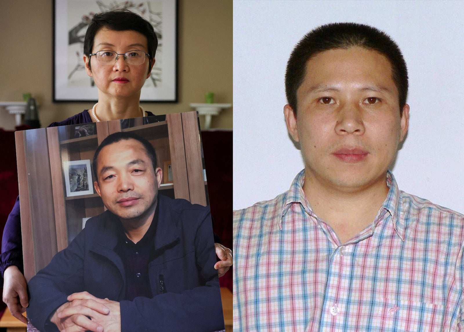 Kiri: Sophie Luo Shengchun, istri dari pengacara hak asasi manusia Tiongkok yang dipenjara Ding Jiaxi, berpose dengan foto diri suaminya di rumahnya di New York, AS, 28 Juli 2022. Kanan: Aktivis hukum Tiongkok Xu Zhiyong. 