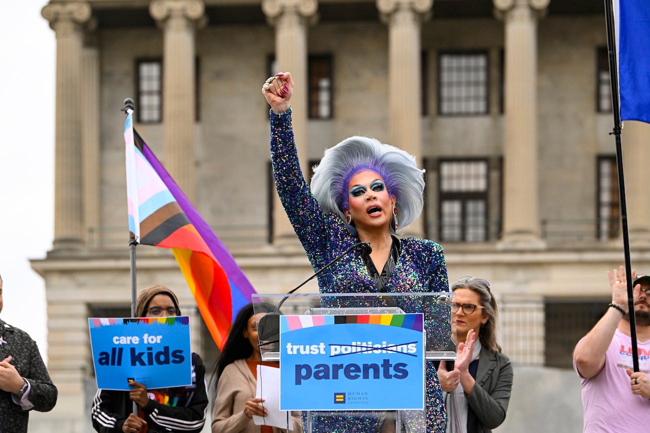 Drag artist Vidalia Anne Gentry speaks during a news conference held by the Human Rights Campaign to draw attention to anti-drag bills in the Tennessee legislature, Nashville, Tennessee, February 14, 2023. 