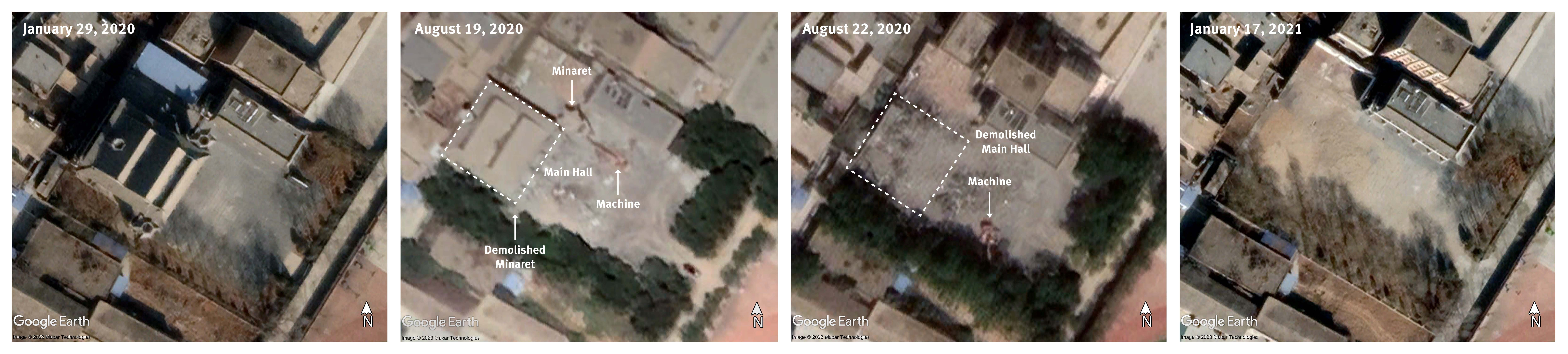 Liaoqiao East Mosque: The mosque had three minarets (left); they were removed between January and August 2020 (center); the main hall of the mosque was demolished as of January 2021 (right).
