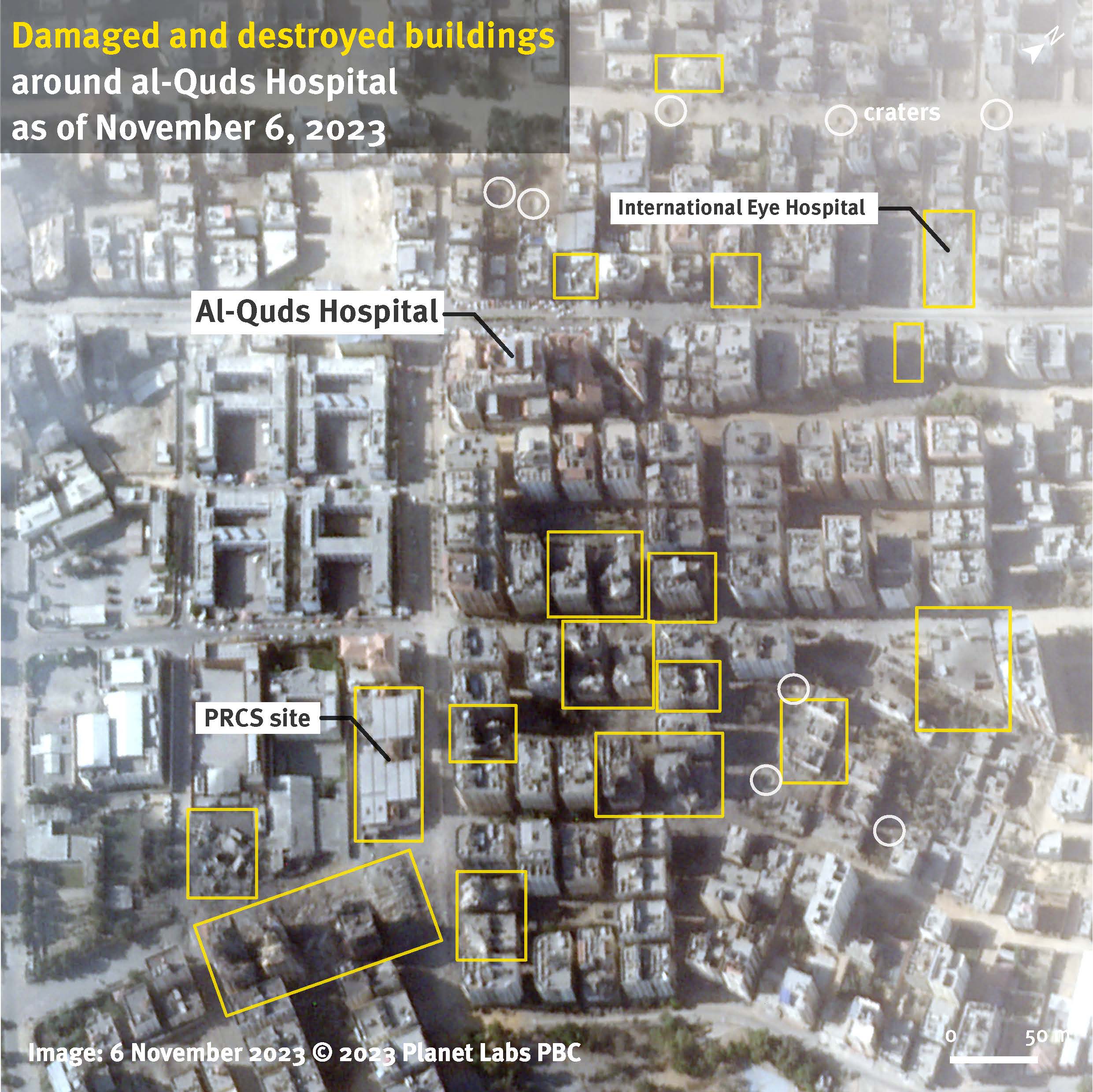 תצלום לוויין מ-6 בנובמבר 2023 ובו נראים כמה בניינים גבוהים שניזוקו או נחרבו ברחובות הסמוכים לבית החולים אל-קודס בעיר עזה .