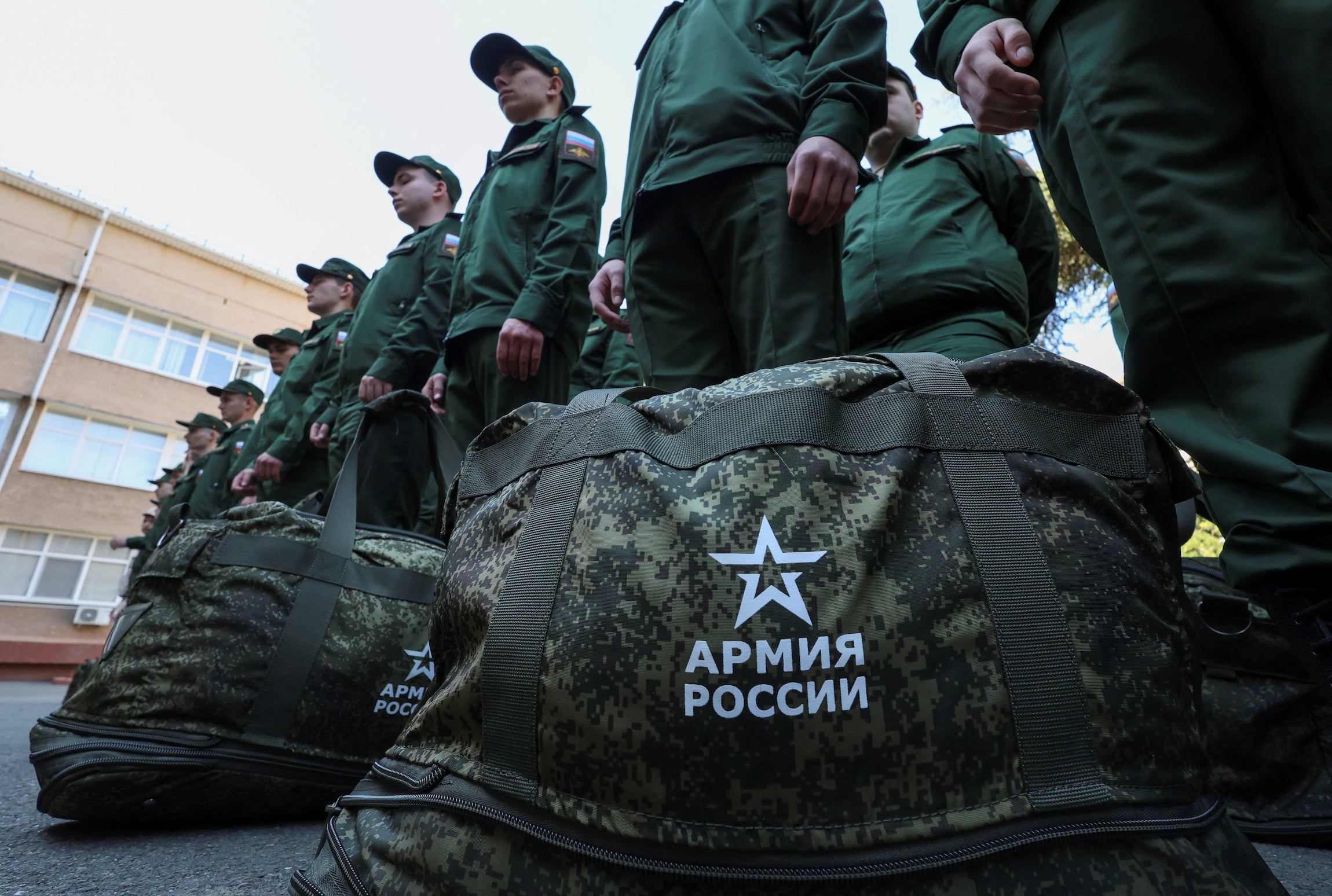 Conscripts called up for military service in the Russian army line up in Simferopol, Crimea, before their deployment. April 25, 2023. 