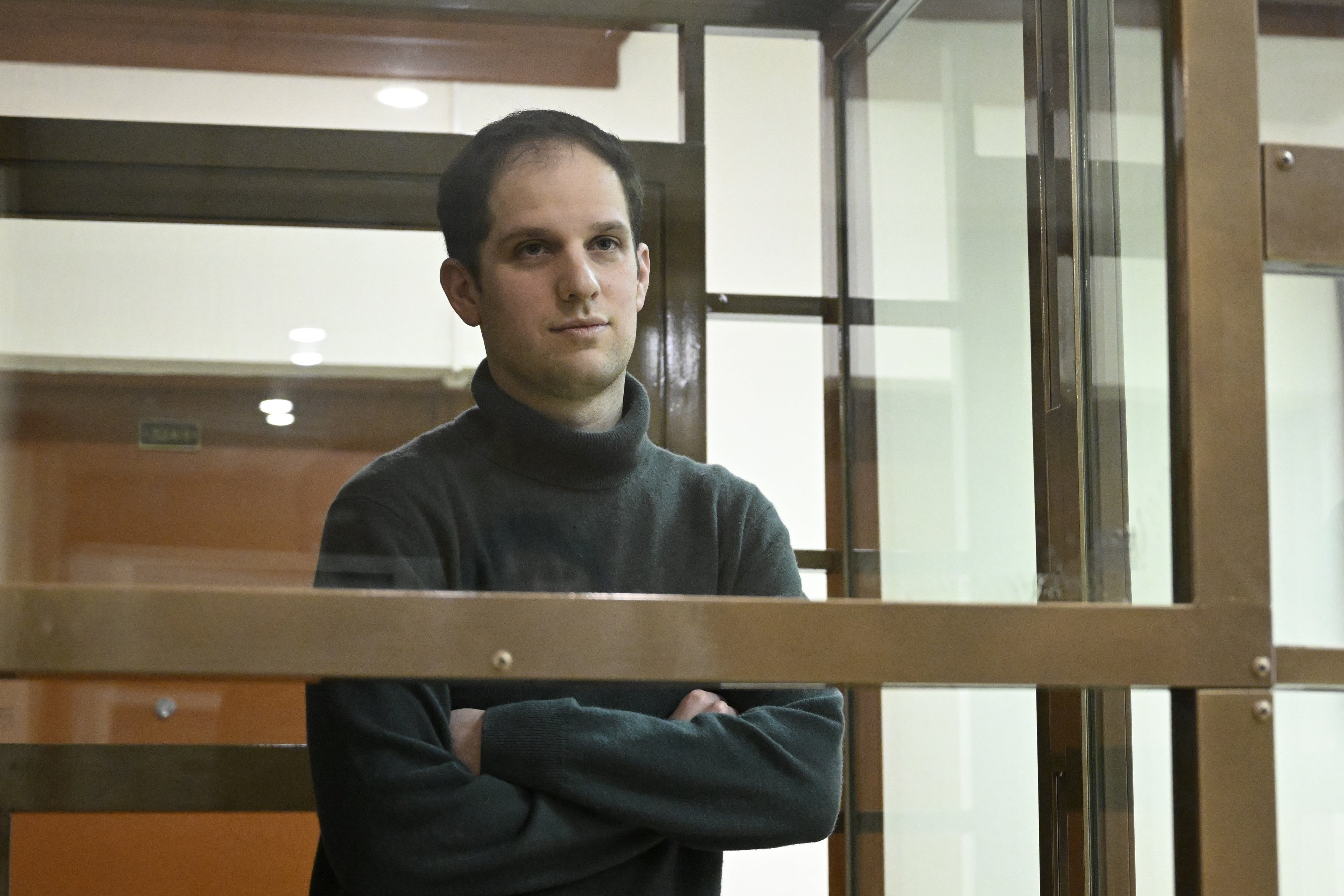 Wall Street Journal reporter Evan Gershkovich in a courtroom at the Moscow City Court, in Moscow, Russia,  December 14, 2023. 