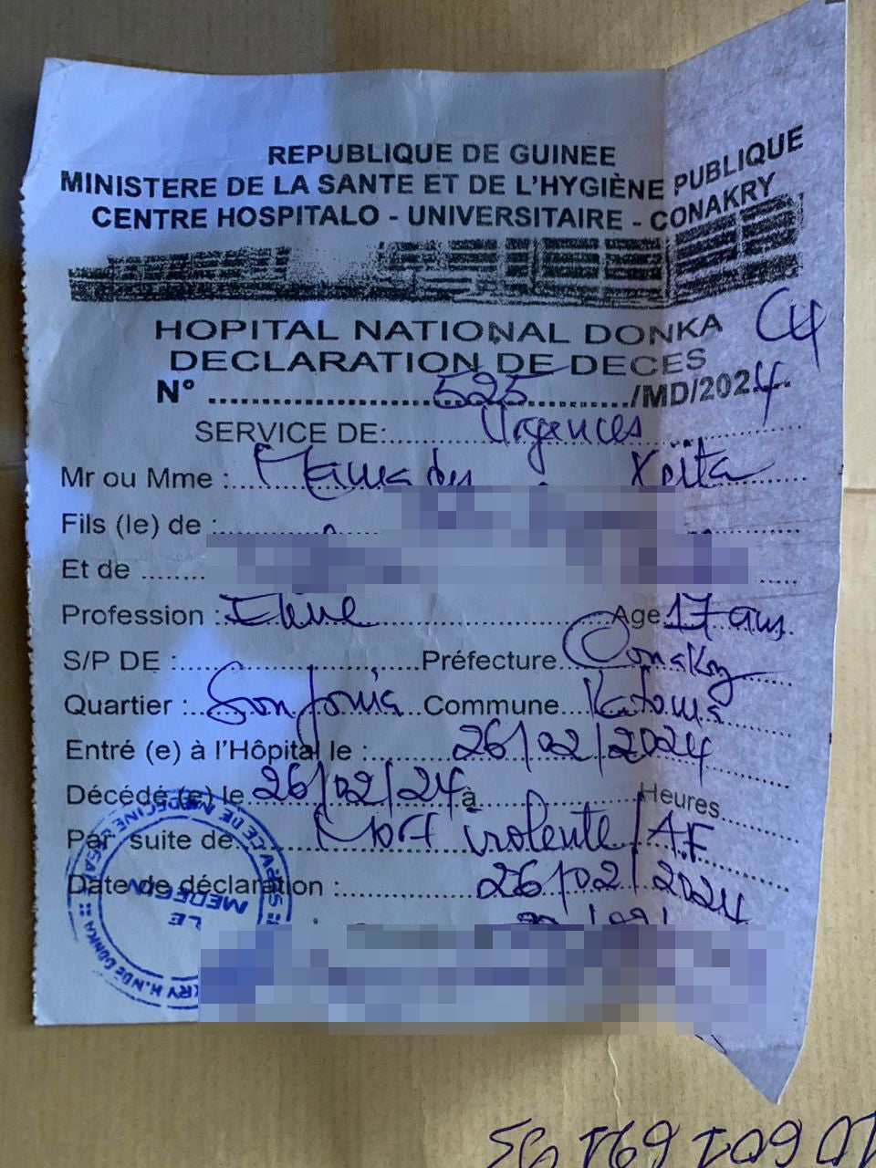 Certificat de décès de Mamady Keïta