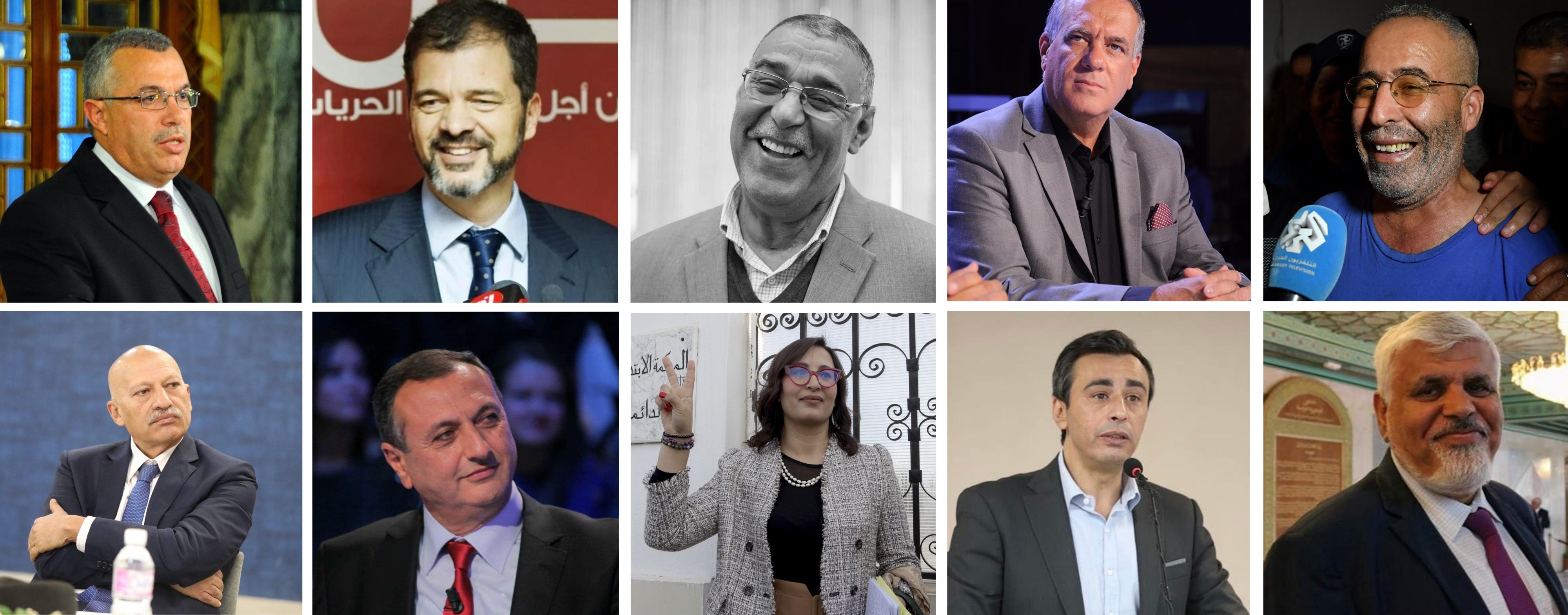 عدد من الأشخاص الذين حوكموا وأدينوا في "قضية التآمر" في 19 أبريل/نيسان 2025، في تونس العاصمة، تونس. الصف الأعلى (من اليسار إلى اليمين): نور الدين البحيري، خيام التركي، عبد الحميد الجلاصي، غازي الشواشي ولزهر العكرمي. الصف الأسفل (من اليسار إلى اليمين): رضا بلحاج، عصام الشابي، شيماء عيسى، جوهر بن مبارك وسيد الفرجاني.