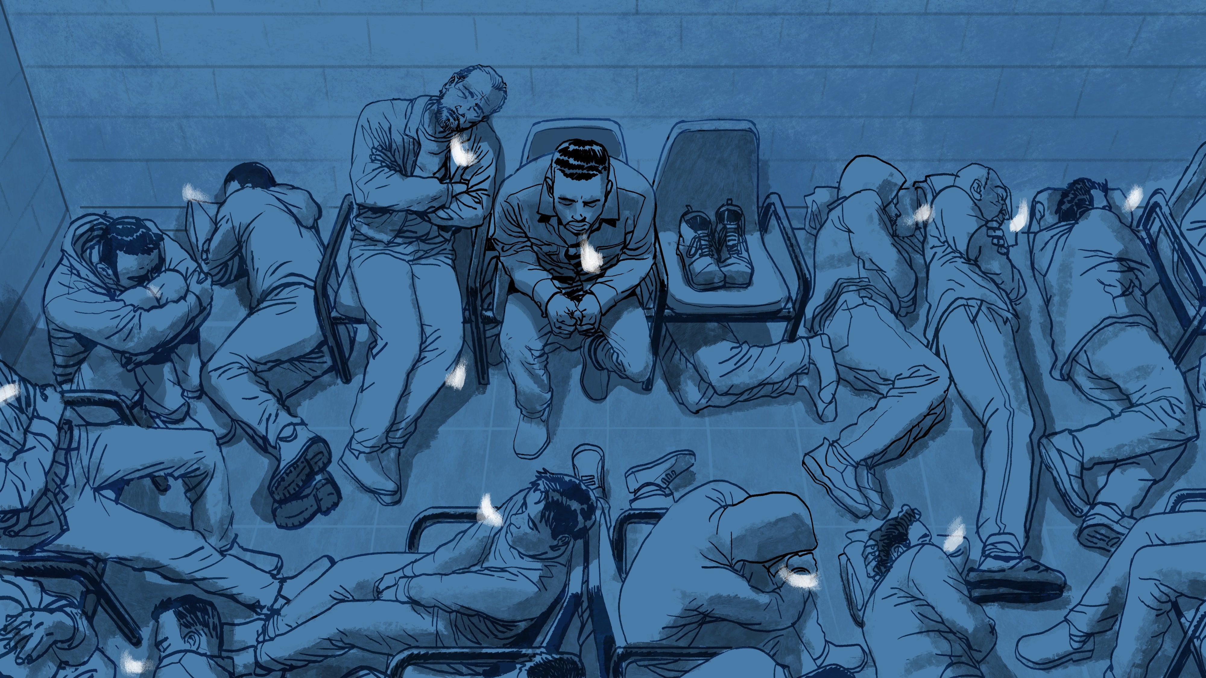 Ilustración de detenidos en una sala de procesamiento abarrotada.