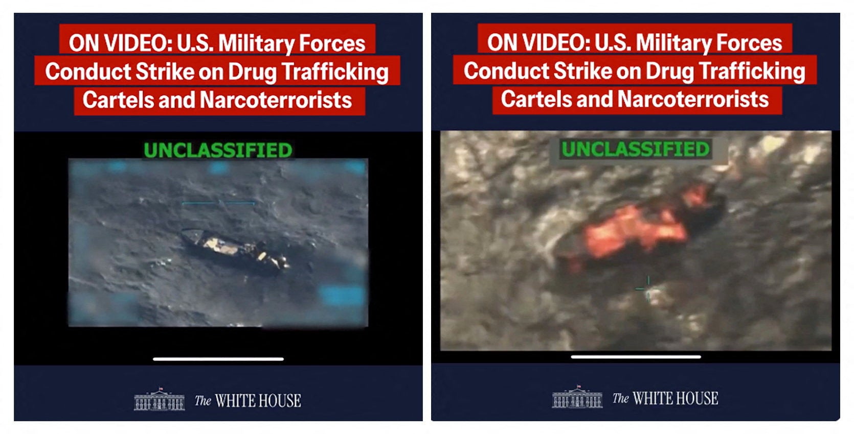 Una imagen compuesta muestra dos capturas de pantalla de un video publicado el 15 de septiembre de 2025 en la cuenta de X de la Casa Blanca, de lo que el presidente de EE. UU., Donald Trump, afirmó que fue un ataque militar contra una embarcación de un cartel de drogas venezolano, el segundo ataque de este tipo contra una supuesta lancha de narcotráfico en las últimas semanas.