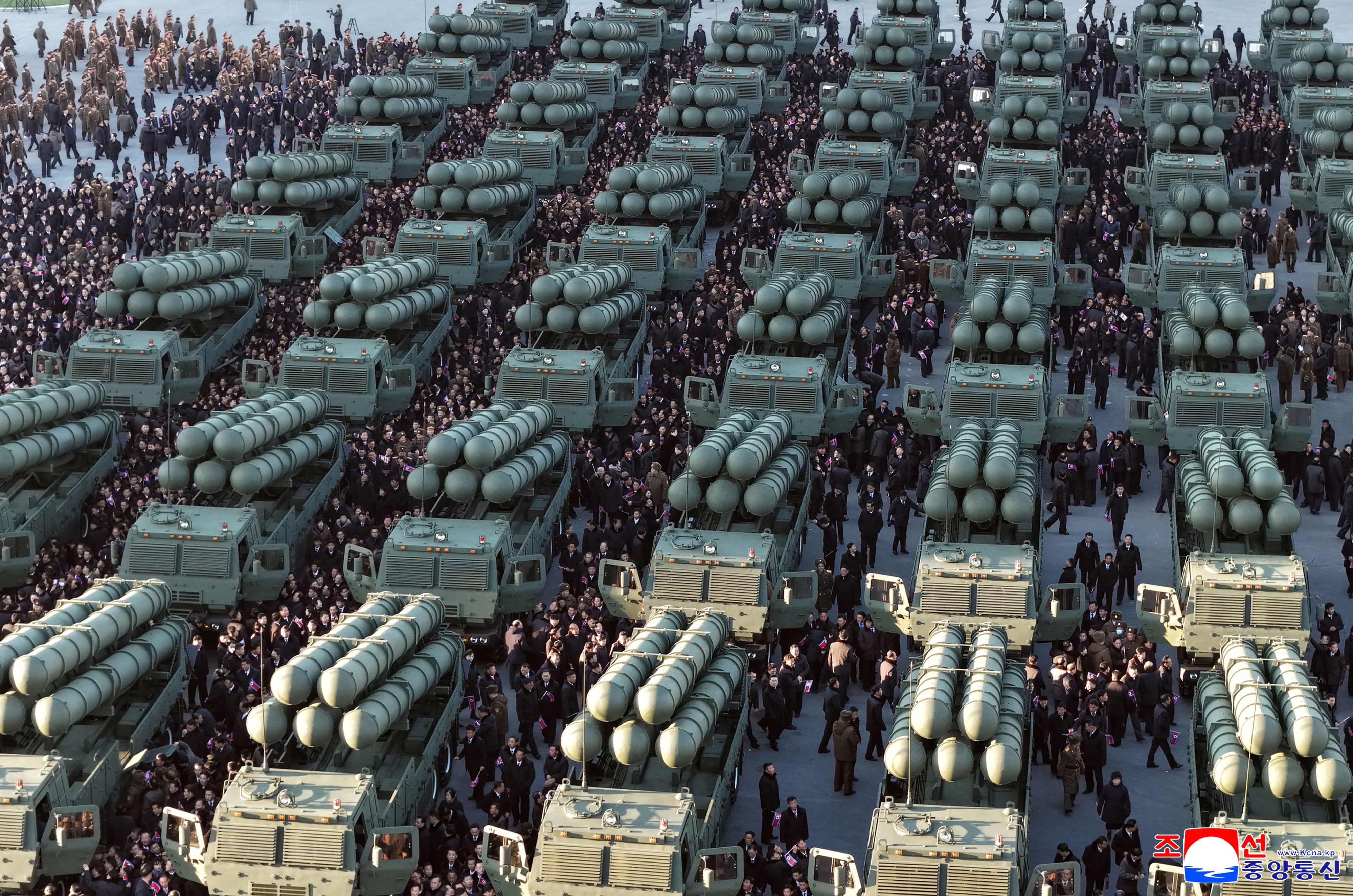The North Korean government shows new launch vehicles for nuclear-capable short-range missiles during a military ceremony in Pyongyang, February 18, 2026. 