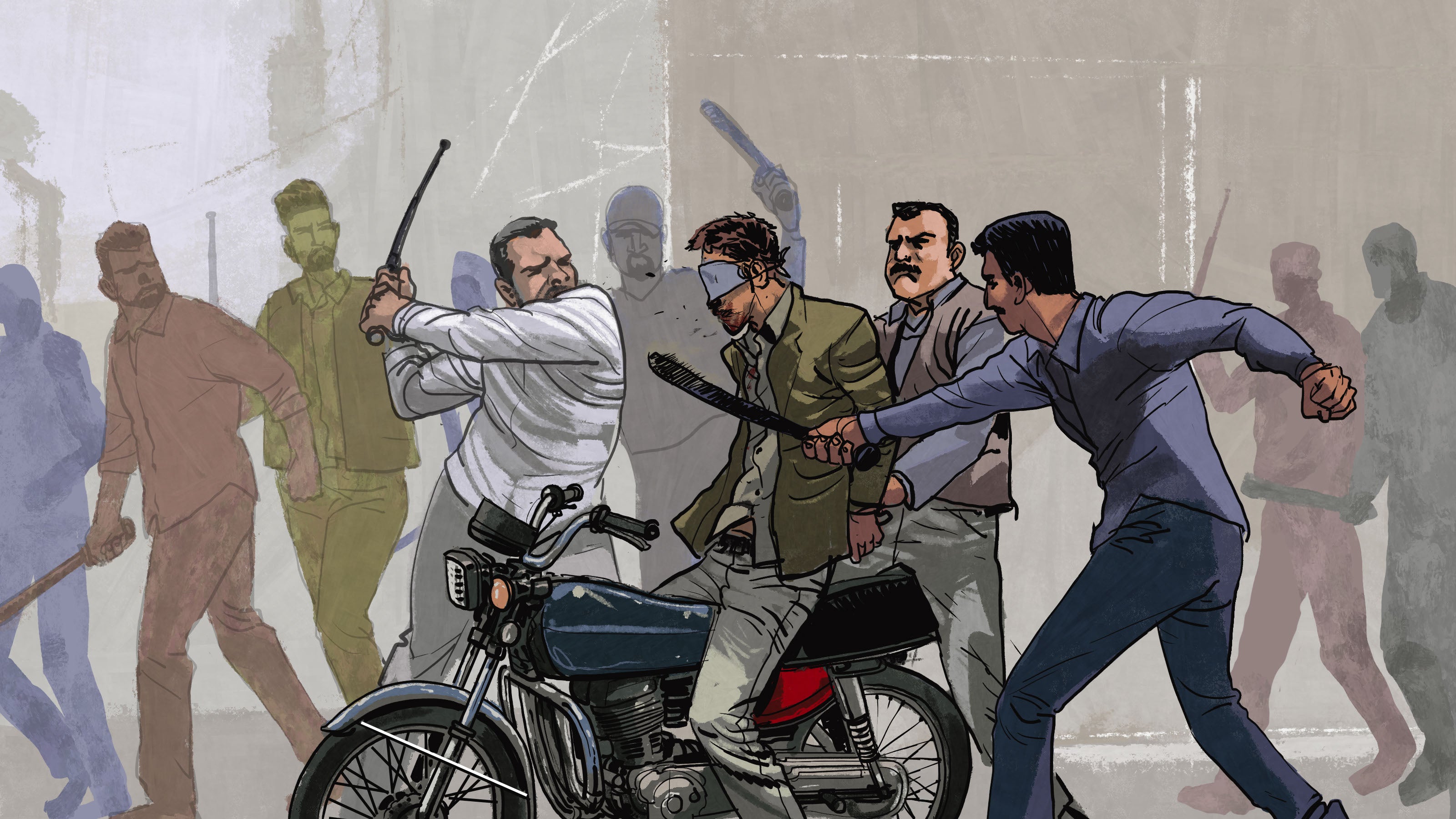Un manifestant a décrit comment les forces de sécurité ont battu un jeune homme qui était sans défense, les mains liées : elles l’ont placé sur une moto, et l’ont frappé à plusieurs reprises à la tête avec des matraques. 