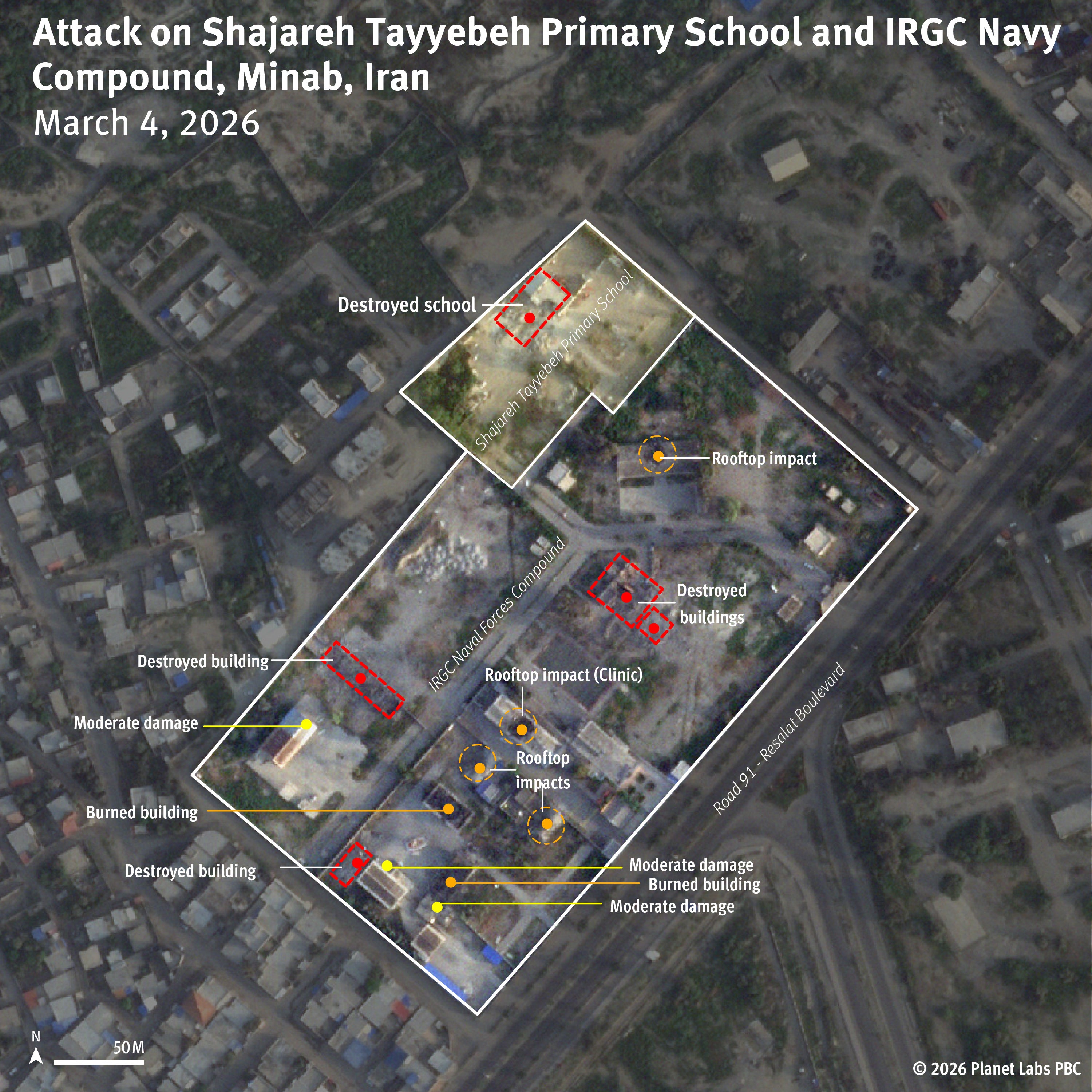 Image satellite du 4 mars 2026, quatre jours après l'attaque du 28 février contre le complexe des forces navales du Corps des gardiens de la révolution islamique (CGRI) et l'école primaire Shajareh Tayyebeh à Minab, en Iran.