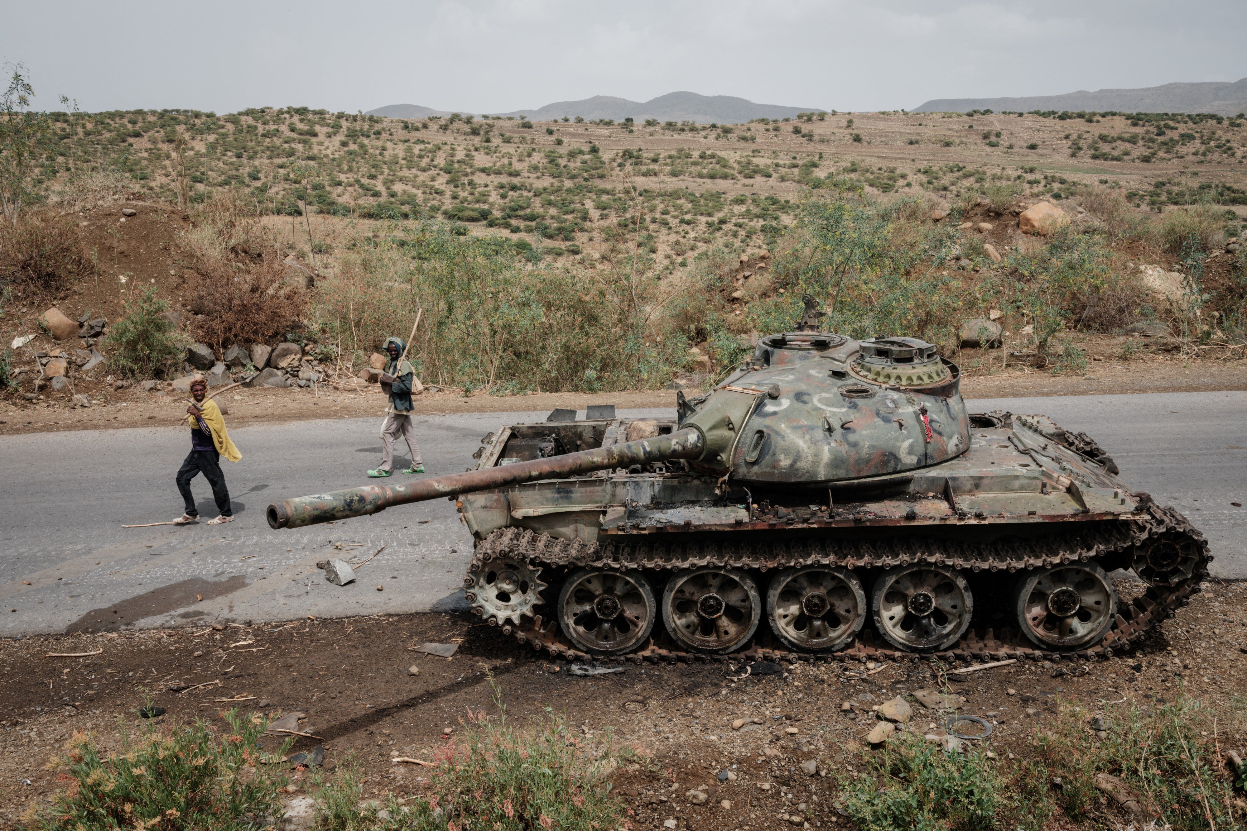 A  tank, allegedly belonging to the Eritrean army, abandoned along a road in Dansa, southwest of Mekele in Tigray, Ethiopia, June 20, 2021.