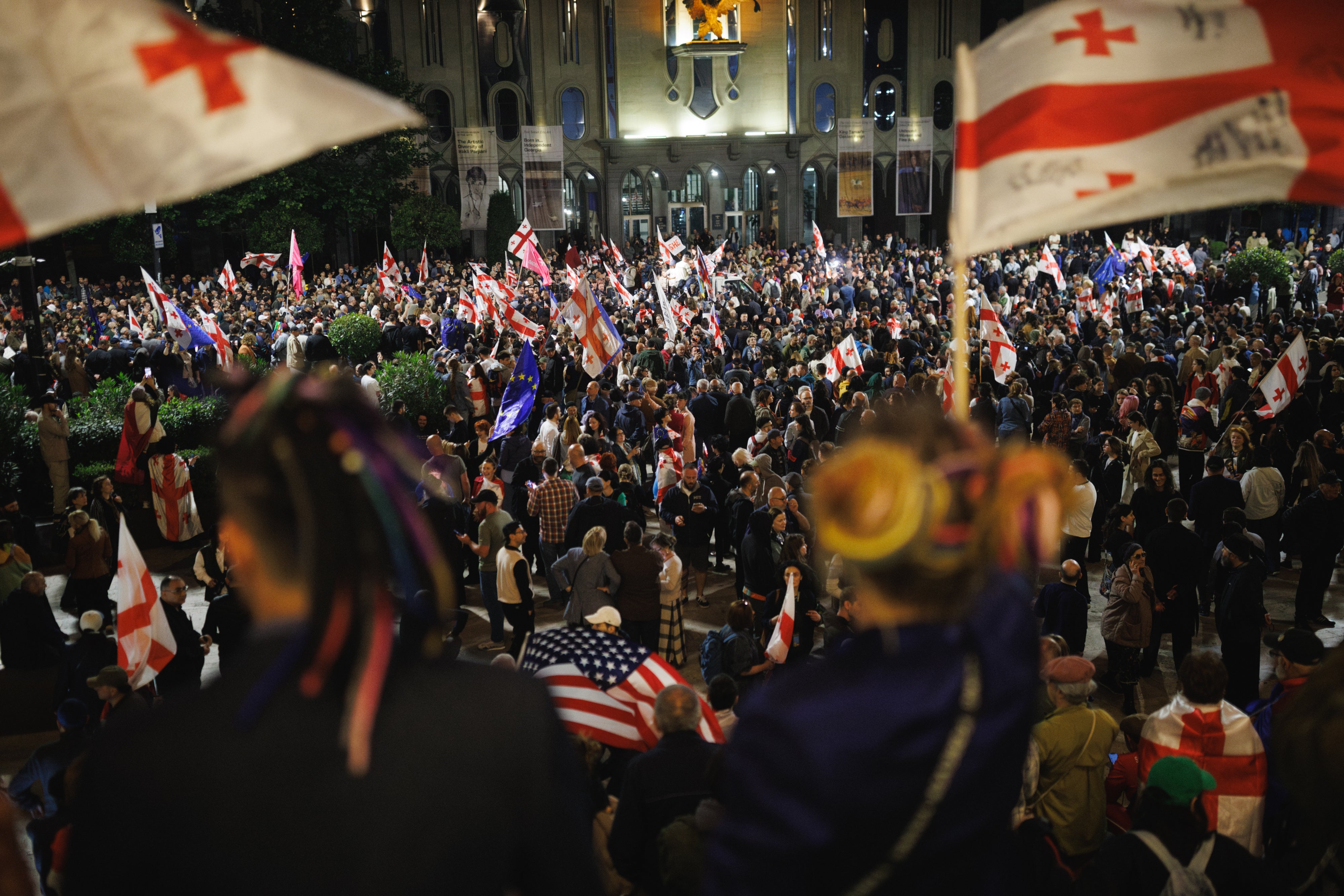 Protesters gather outside the Georgian parliament in Tbilisi, Georgia, on May 26, 2026. 