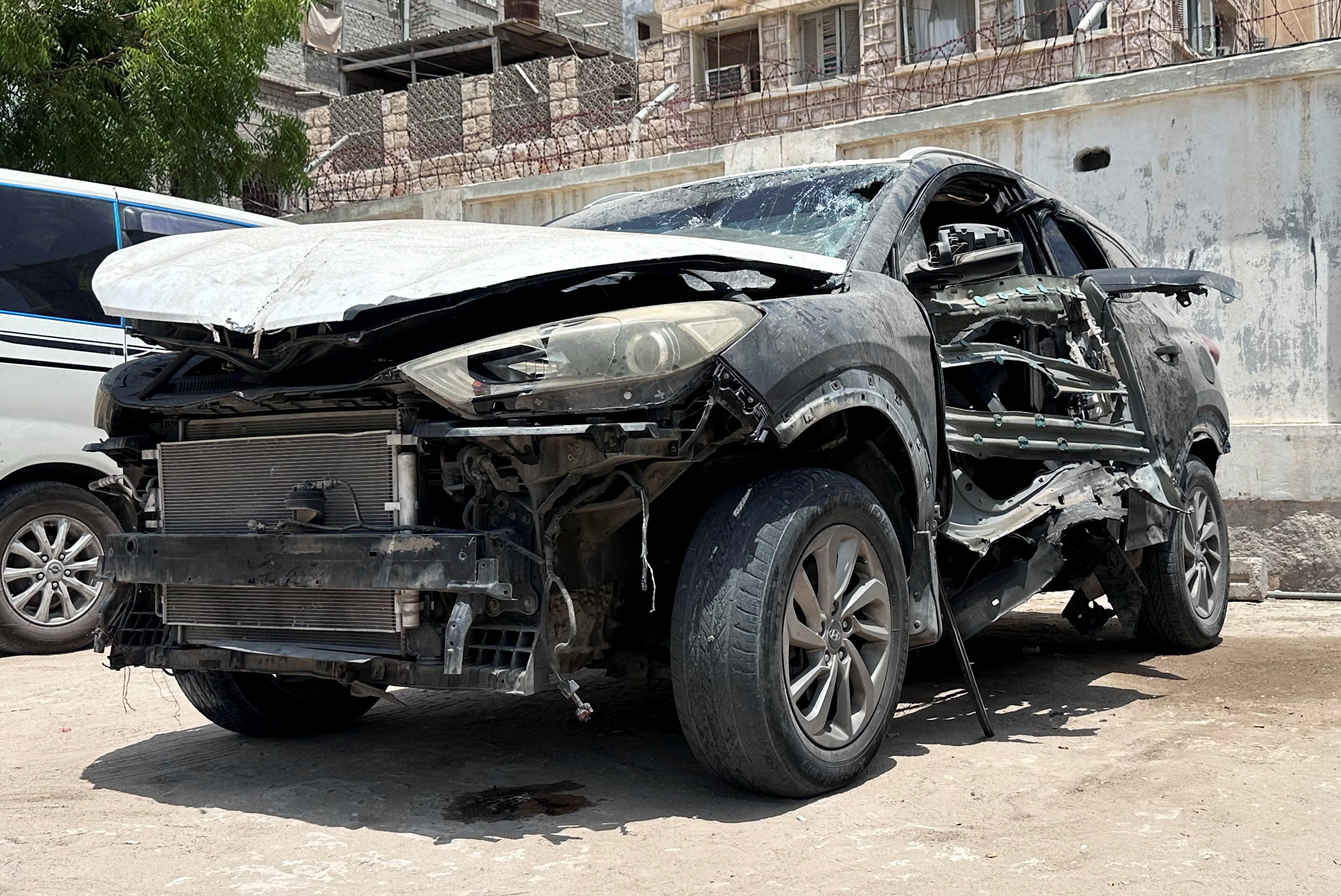 Mohammed Aydah's car in the yard of a police station, where it had been moved to after an explosive device planted in the car detonated and killed him, in Mukalla, Yemen June 25, 2026.