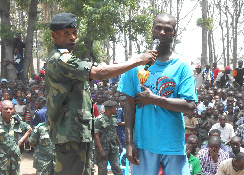Jean Emmanuel Biriko (right), also known as Manoti, on trial for his alleged role in kidnappings in Rutshuru territory, eastern Democratic Republic of Congo. He was convicted and sentenced to death in May 2015. Kidnappings continued in the area after his 