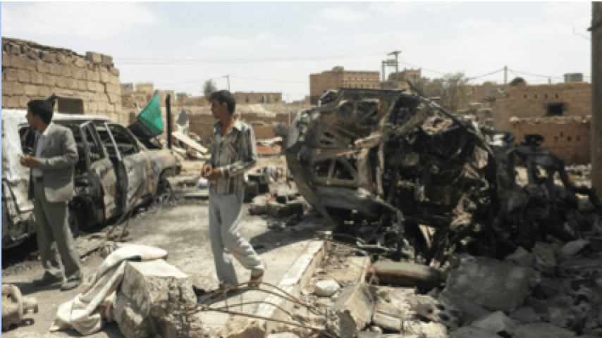 The remnants of the cars that brought the three brides to the home of Jamal al-Sanabani in Sanaban village in Dhammar, on the night of October 7, 2015. 