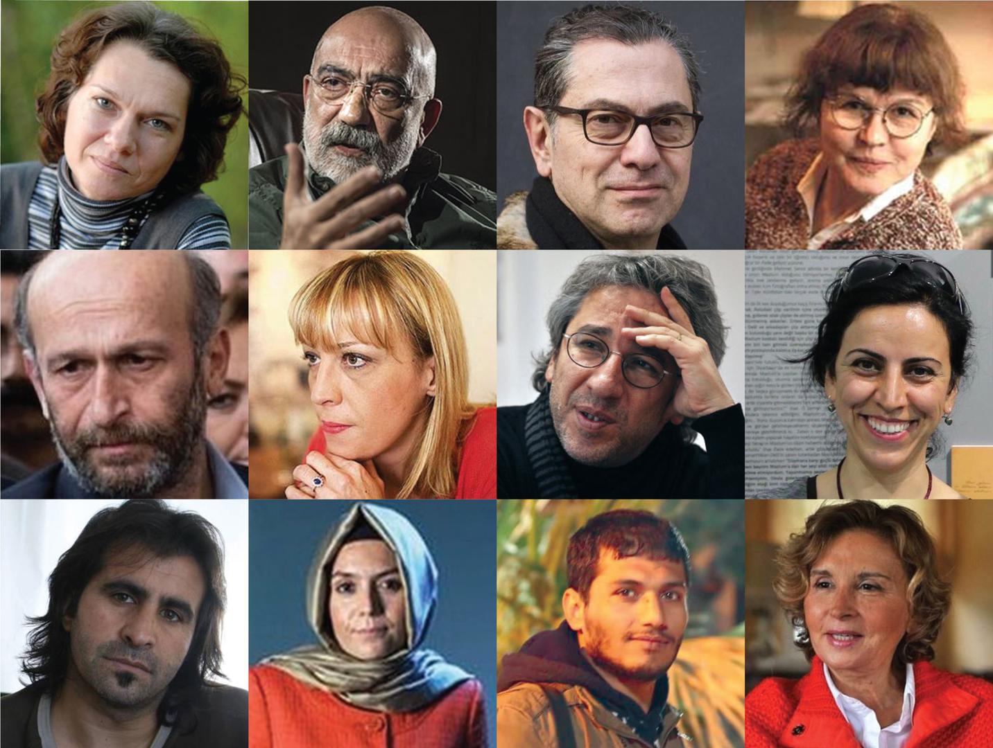 Douze journalistes turcs visés, comme beaucoup de leurs confrères, par la répression des médias en Turquie. Rangée du haut : Aslı Erdoğan, Ahmet Altan, Kadri Gürsel, Necmiye Alpay. Rangée du milieu : Erdem Gül, Ceyda Karan, Can Dündar, Hatice Kamer. Rangé