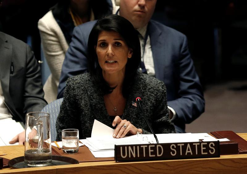 美国驻联合国大使妮基・黑利在联合国安全理事会发言，纽约，联合国总部，2017年2月28日。