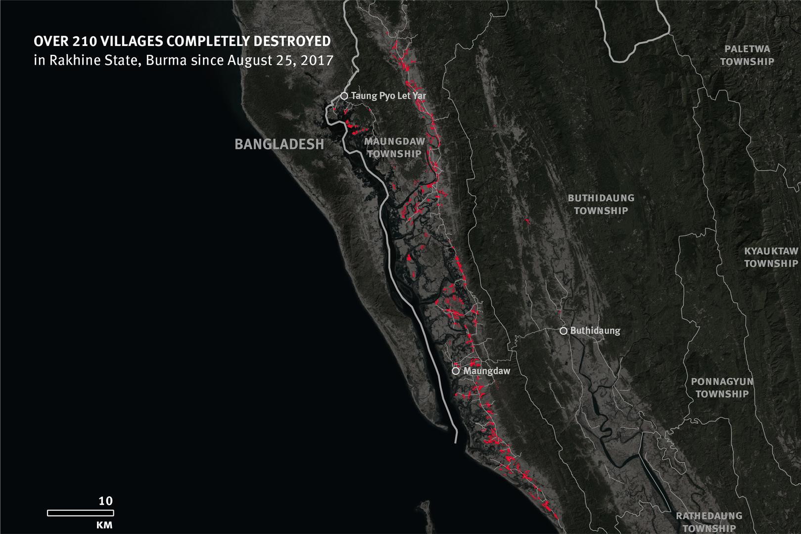 若开邦貌夺（Maungdaw）、布迪当（Buthidaung）和拉岱当（Rathedaung）等地自2017年8月25日以来的破坏情况。