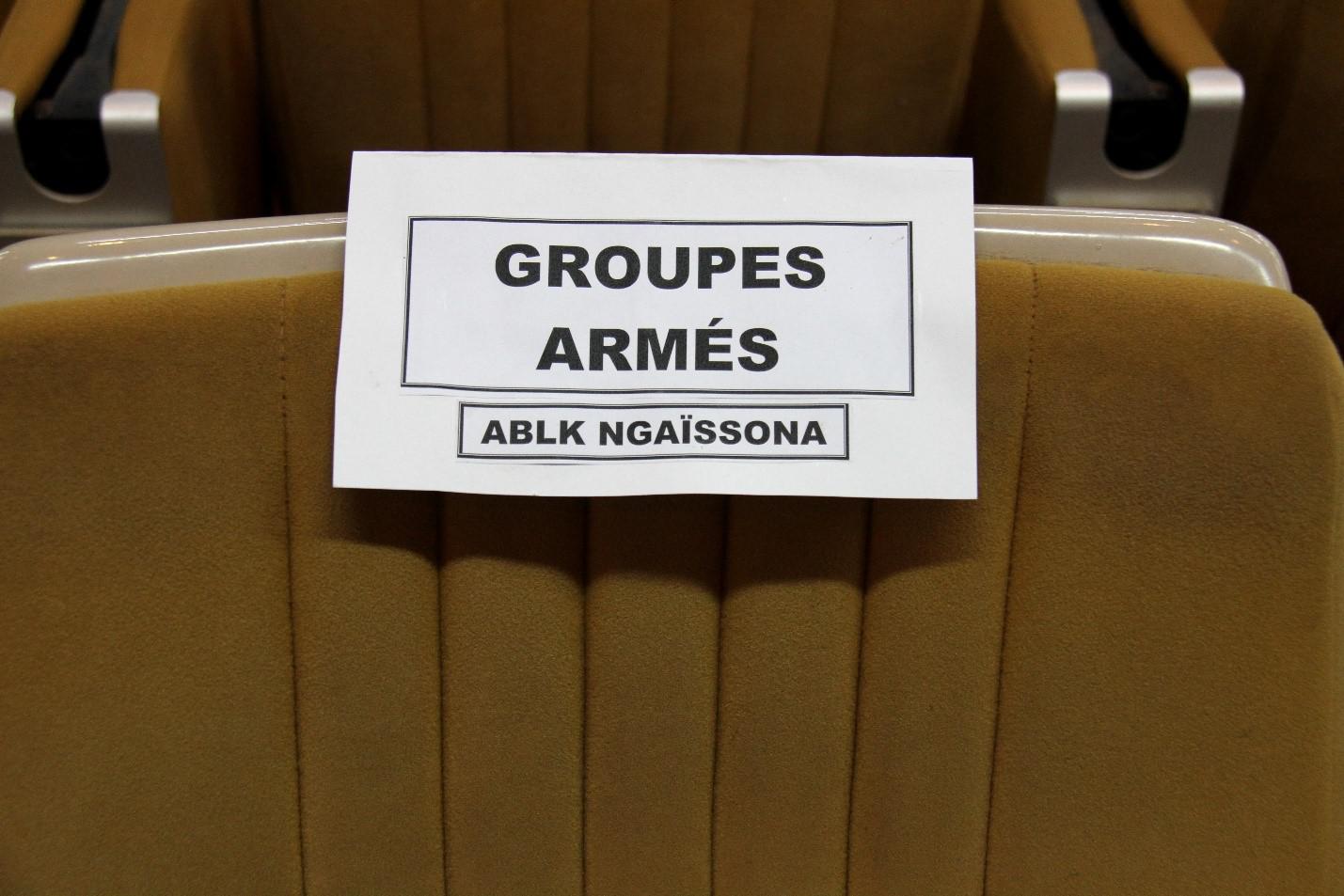 Siège réservé au représentant de la faction anti-balaka de Patrice-Édouard Ngaïssona lors de la cérémonie de signature de l’accord de paix à Bangui, en République centrafricaine, le 6 février 2019. Le 12 décembre 2018, Ngaïssona a été arrêté en France pou