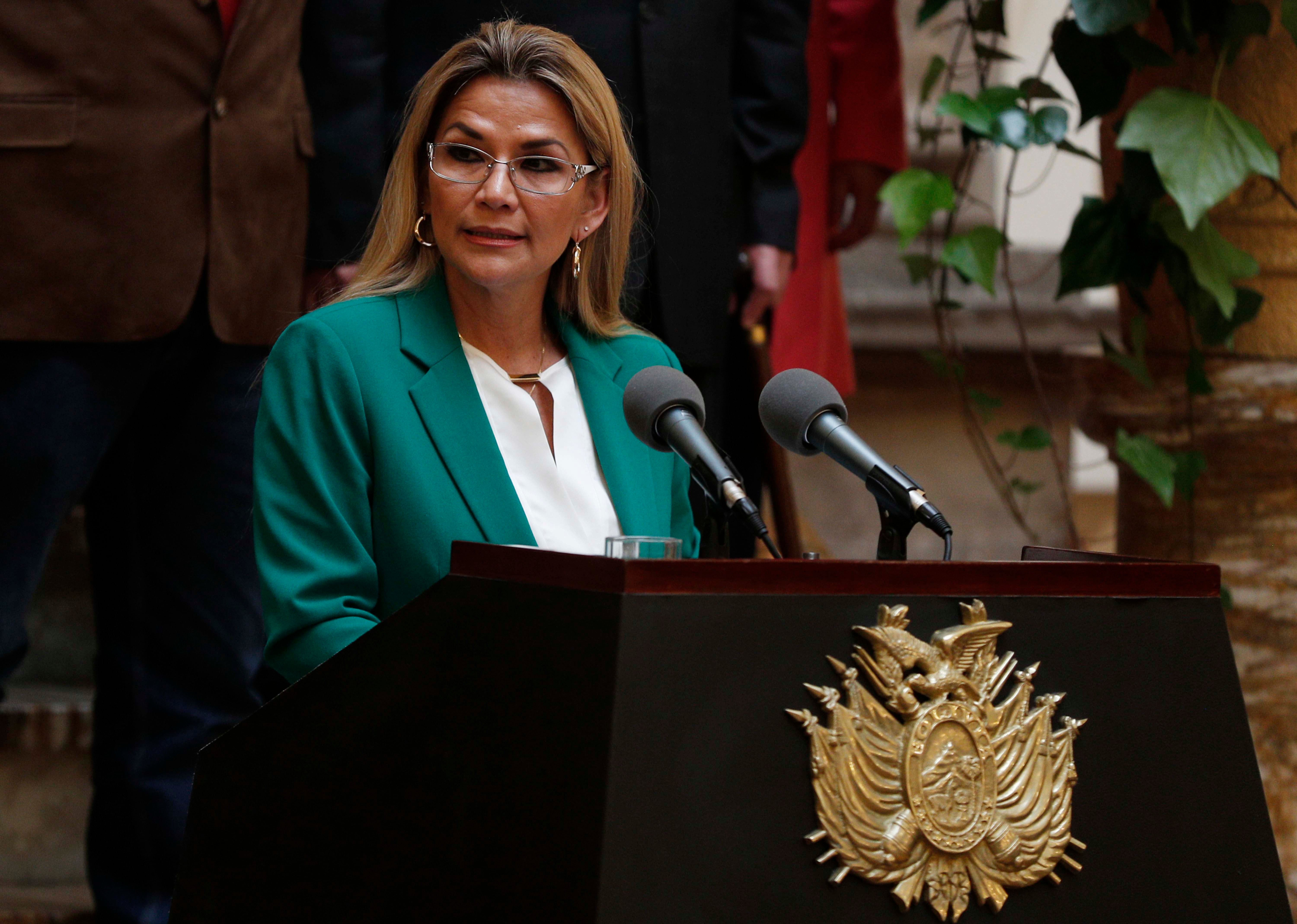La presidenta interina de Bolivia, Jeanine Áñez, durante un discurso desde el Palacio Presidencial en La Paz, Bolivia, el miércoles 22 de enero de 2020.