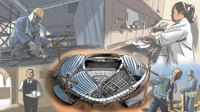 A collage illustration of migrant workers performing tasks around a football stadium 
