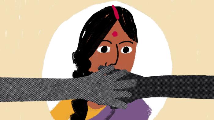 Illustration of woman who's mouth is covered by hands