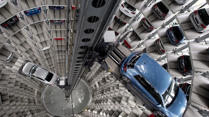 An aerial shot from the interior of a car storage tower