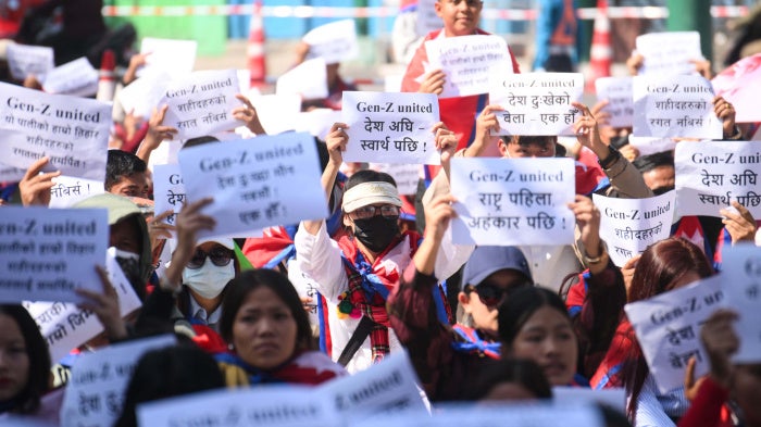 “Gen Z” activists hold a demonstration in Kathmandu, Nepal, in September 2025 under the slogan ''Don't Forget the Blood of Martyrs,'' demanding justice and accountability for those killed during past protest movements. 