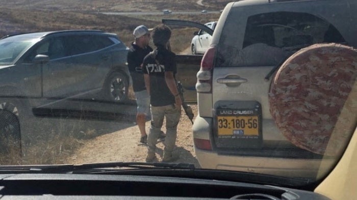 Israeli settlers blocking the convoy of U.S. Representative Ro Khanna (D-CA), according to his press team, in Khirbet Zanuta, during a visit in the Israeli-occupied West Bank, July 8, 2026.