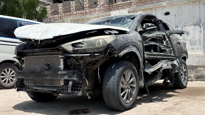 Mohammed Aydah's car in the yard of a police station, where it had been moved to after an explosive device planted in the car detonated and killed him, in Mukalla, Yemen June 25, 2026.