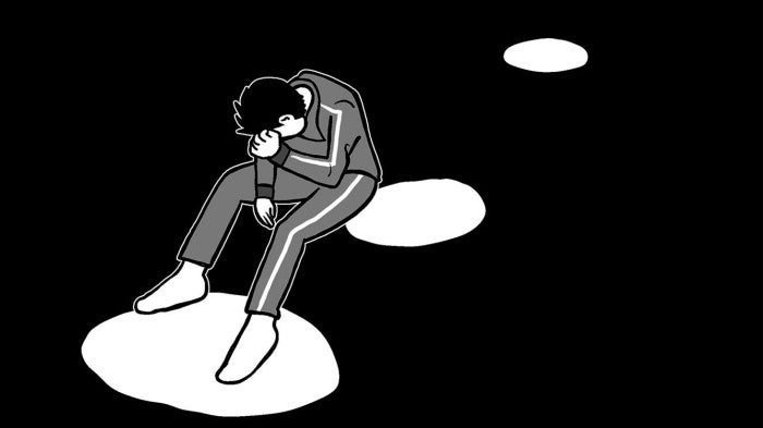 manga drawing by Taiji Utagawa of a transgender man with head down in the dark with three white spots leading into the distance 