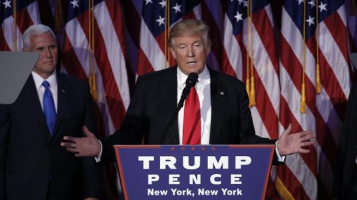 US President-elect Donald Trump addresses supporters during his election night rally in Manhattan, New York, November 9, 2016.