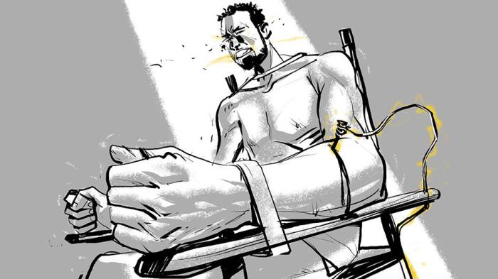 Sketch showing an Egyptian man being electrocuted.