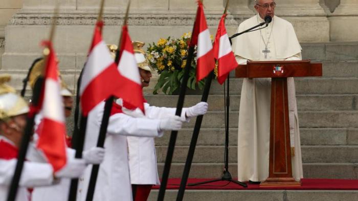 Pope Francis addresses the audience outside the presidential palace in Lima, Peru January 19, 2018. 