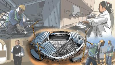 A collage illustration of migrant workers performing tasks around a football stadium 