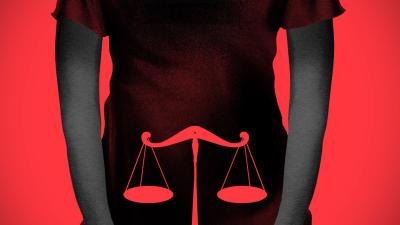 An illustration of scales imposed over a woman's torso