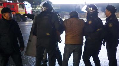 Police detain a protester in the center of Almaty, Kazakhstan, on Wednesday, Jan. 5, 2022.
