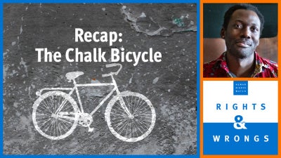 Podcast logo and host over illustrated bicycle. 