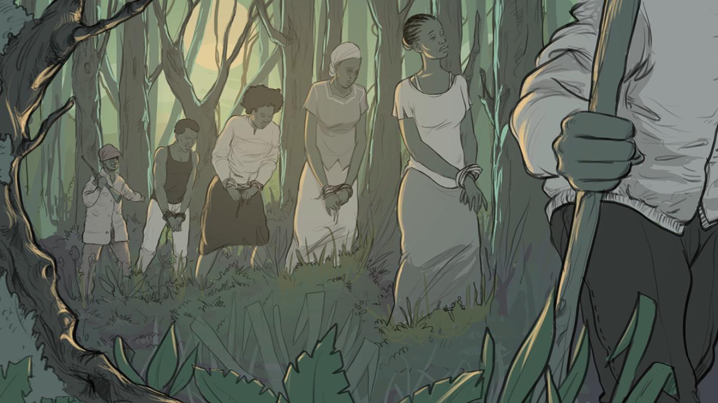Illustration of women and girls tied up being led away