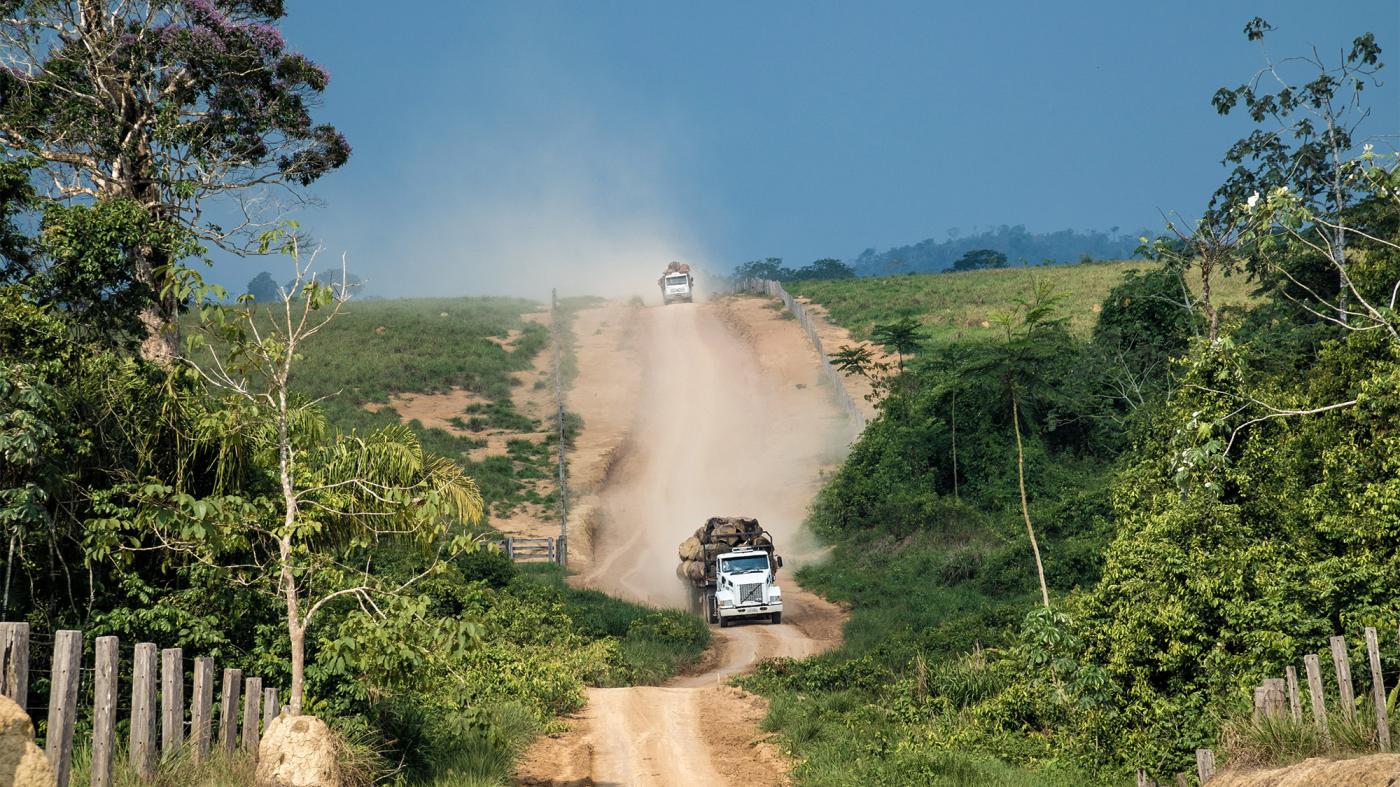  Trucks carrying illegally harvested logs exit the Terra Nossa settlement, September 30, 2019.
 © 2019 Fernando Martinho/Repórter Brasil