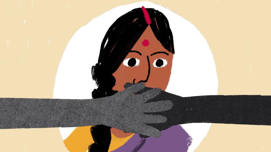 Illustration of woman who's mouth is covered by hands