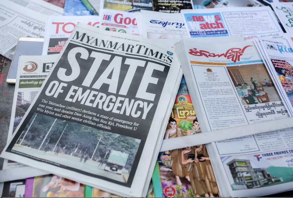 Myanmar Times newspaper with the headline 'State of Emergency' among other newspapers for sale are seen on display a day after the Myanmar's military detained the country's de facto leader Aung San Suu Kyi and the country's president in a coup. 